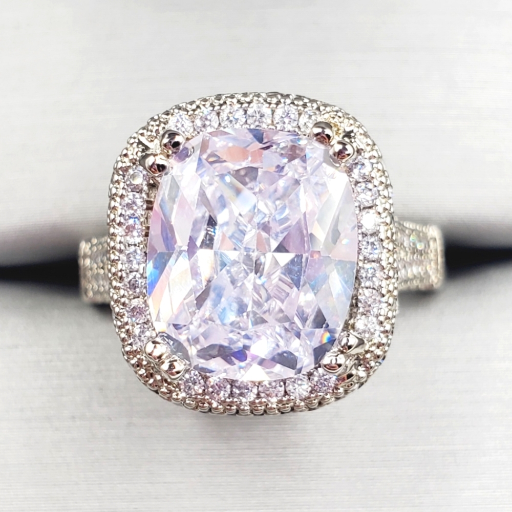 Cushion Cut White Diamond Simulants Silver Tone Pave Halo Engagement Ring